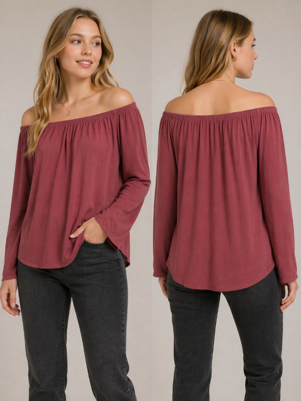 Cloth & Stone Anthropologie Off Shoulder Long Sleeve Top Burgundy red